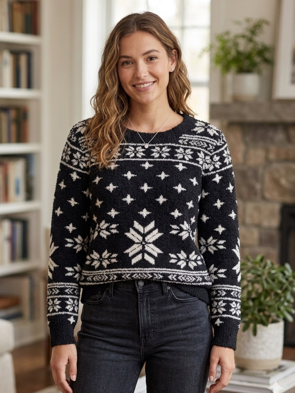 Barefoot Dreams Seaside cozy chic lite black white fair isle sweater Large